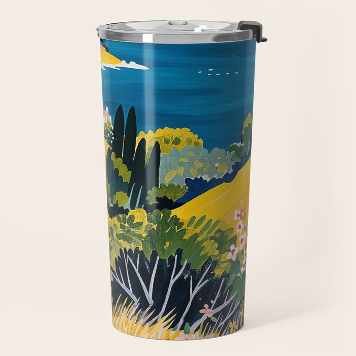 Vibrant Mediterranean Coast Painting in Matisse Style with Blooming Flowers and Blue Waters Travel Mug Gallery Image 2