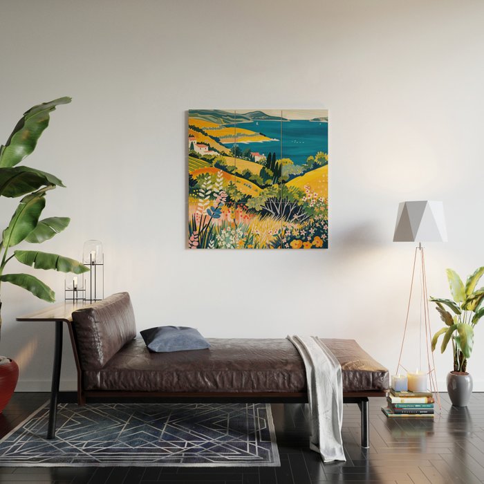 Vibrant Mediterranean Coast Painting in Matisse Style with Blooming Flowers and Blue Waters Wood Wall Art Gallery Image 2