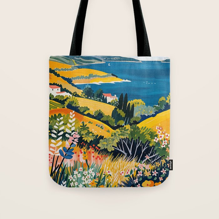 Vibrant Mediterranean Coast Painting in Matisse Style with Blooming Flowers and Blue Waters Tote Bag Gallery Image 1
