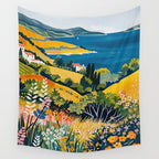 Vibrant Mediterranean Coast Painting in Matisse Style with Blooming Flowers and Blue Waters Wall Tapestry Gallery Image 4