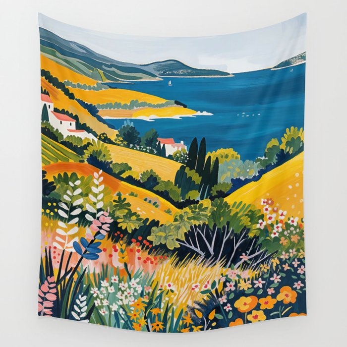 Vibrant Mediterranean Coast Painting in Matisse Style with Blooming Flowers and Blue Waters Wall Tapestry Gallery Image 4