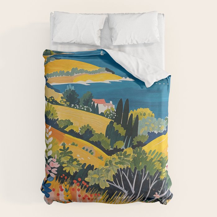 Vibrant Mediterranean Coast Painting in Matisse Style with Blooming Flowers and Blue Waters Duvet Cover Gallery Image 1