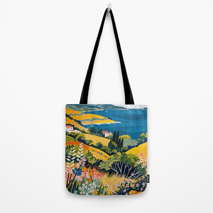 Vibrant Mediterranean Coast Painting in Matisse Style with Blooming Flowers and Blue Waters Tote Bag Gallery Image 2