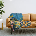Vibrant Mediterranean Coast Painting in Matisse Style with Blooming Flowers and Blue Waters Throw Blanket Gallery Image 1