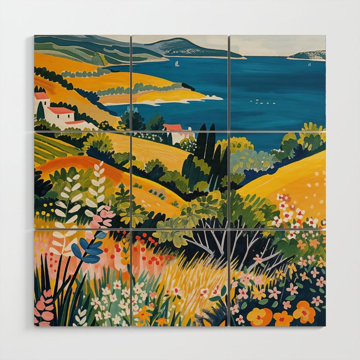 Vibrant Mediterranean Coast Painting in Matisse Style with Blooming Flowers and Blue Waters Wood Wall Art Gallery Image 1