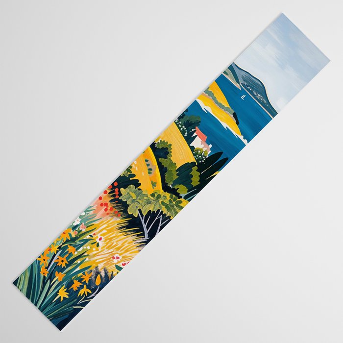 Vibrant Mediterranean Coast Painting in Matisse Style with Blooming Flowers and Blue Waters Table Runner Gallery Image 3