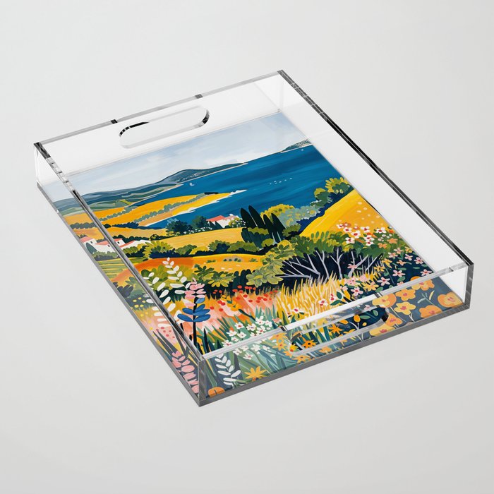 Vibrant Mediterranean Coast Painting in Matisse Style with Blooming Flowers and Blue Waters Acrylic Tray Gallery Image 1