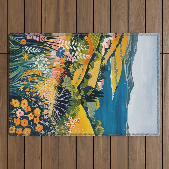 Vibrant Mediterranean Coast Painting in Matisse Style with Blooming Flowers and Blue Waters Outdoor Rug Gallery Image 1