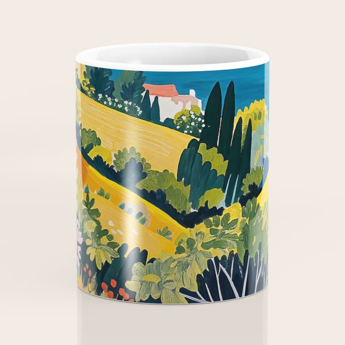 Vibrant Mediterranean Coast Painting in Matisse Style with Blooming Flowers and Blue Waters Coffee Mug Gallery Image 4