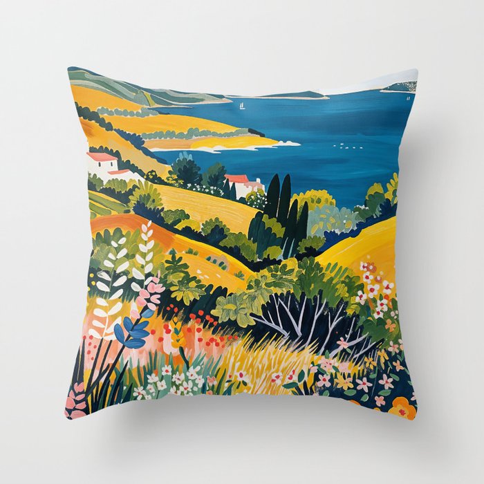 Vibrant Mediterranean Coast Painting in Matisse Style with Blooming Flowers and Blue Waters Throw Pillow Gallery Image 6