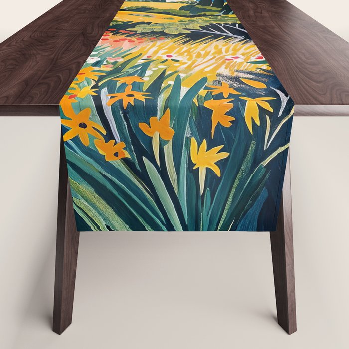 Vibrant Mediterranean Coast Painting in Matisse Style with Blooming Flowers and Blue Waters Table Runner Gallery Image 1