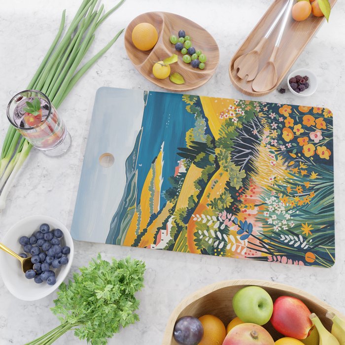 Vibrant Mediterranean Coast Painting in Matisse Style with Blooming Flowers and Blue Waters Cutting Board Gallery Image 2