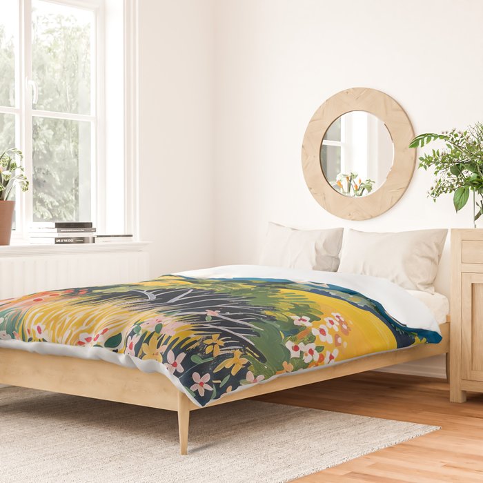 Vibrant Mediterranean Coast Painting in Matisse Style with Blooming Flowers and Blue Waters Duvet Cover Gallery Image 2