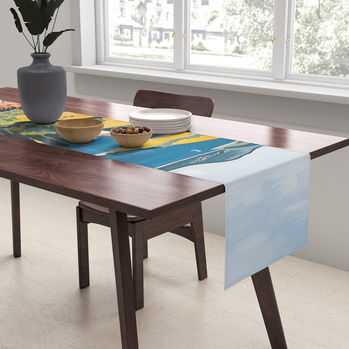 Vibrant Mediterranean Coast Painting in Matisse Style with Blooming Flowers and Blue Waters Table Runner Gallery Image 2