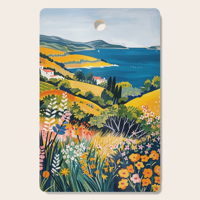 Vibrant Mediterranean Coast Painting in Matisse Style with Blooming Flowers and Blue Waters Cutting Board Gallery Image 1