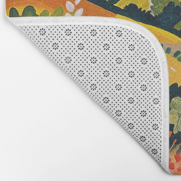 Vibrant Mediterranean Coast Painting in Matisse Style with Blooming Flowers and Blue Waters Bath Mat Gallery Image 2