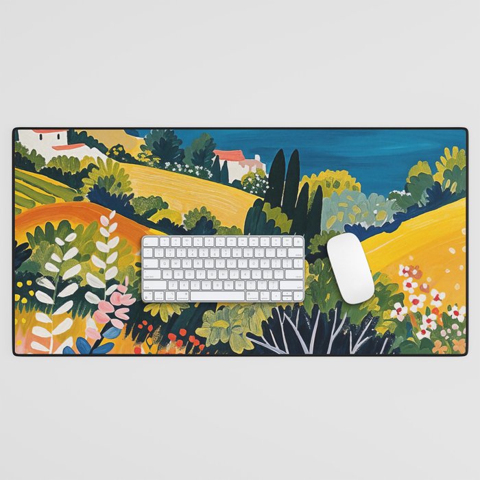 Vibrant Mediterranean Coast Painting in Matisse Style with Blooming Flowers and Blue Waters Desk Mat Gallery Image 1