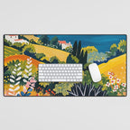 Vibrant Mediterranean Coast Painting in Matisse Style with Blooming Flowers and Blue Waters Desk Mat Gallery Image 1