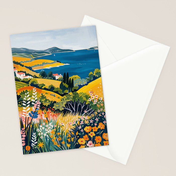 Vibrant Mediterranean Coast Painting in Matisse Style with Blooming Flowers and Blue Waters Stationery Card Gallery Image 2