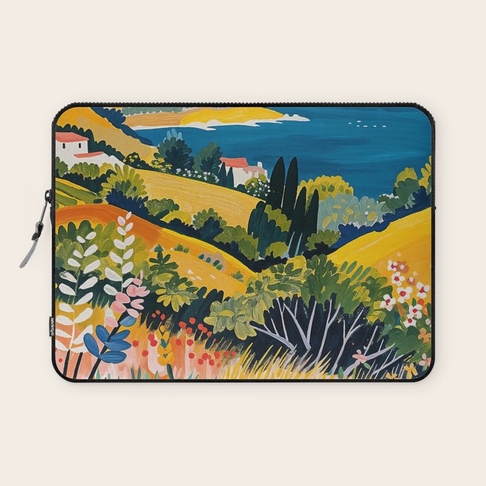 Vibrant Mediterranean Coast Painting in Matisse Style with Blooming Flowers and Blue Waters Laptop Sleeve Gallery Image 1