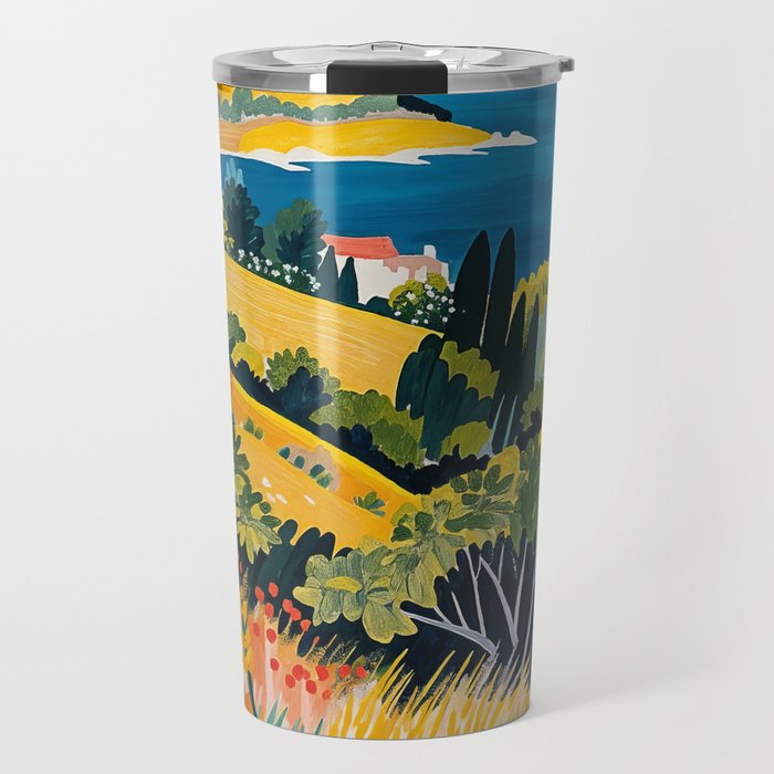 Vibrant Mediterranean Coast Painting in Matisse Style with Blooming Flowers and Blue Waters Travel Mug Gallery Image 1