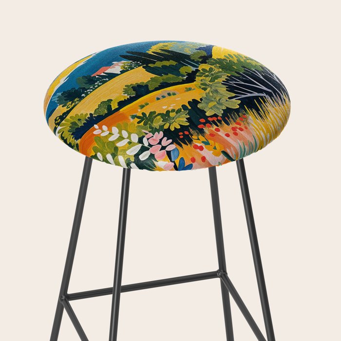 Vibrant Mediterranean Coast Painting in Matisse Style with Blooming Flowers and Blue Waters Stool Gallery Image 2