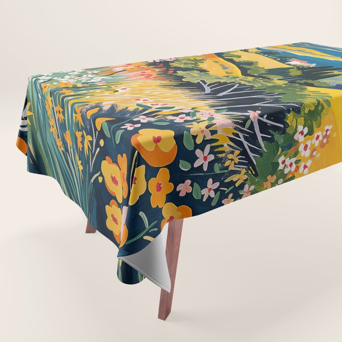 Vibrant Mediterranean Coast Painting in Matisse Style with Blooming Flowers and Blue Waters Tablecloth Gallery Image 1