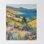 Vibrant Mediterranean Coast Painting in Matisse Style with Blooming Flowers and Blue Waters Throw Blanket Gallery Image 2
