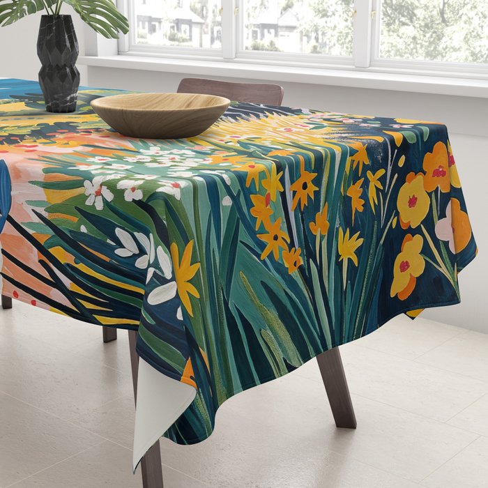Vibrant Mediterranean Coast Painting in Matisse Style with Blooming Flowers and Blue Waters Tablecloth Gallery Image 3