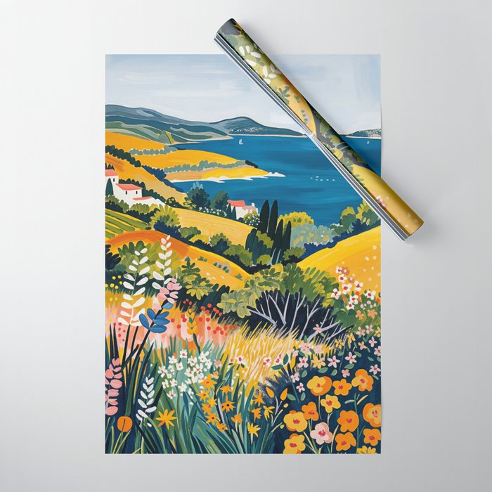 Vibrant Mediterranean Coast Painting in Matisse Style with Blooming Flowers and Blue Waters Wrapping Paper Gallery Image 1
