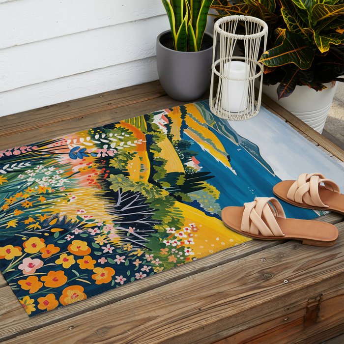 Vibrant Mediterranean Coast Painting in Matisse Style with Blooming Flowers and Blue Waters Outdoor Rug Gallery Image 2
