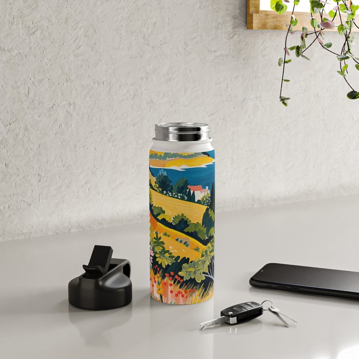 Vibrant Mediterranean Coast Painting in Matisse Style with Blooming Flowers and Blue Waters Water Bottle Gallery Image 4