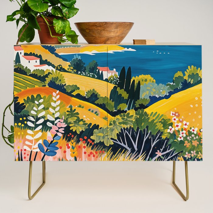 Vibrant Mediterranean Coast Painting in Matisse Style with Blooming Flowers and Blue Waters Credenza Gallery Image 1