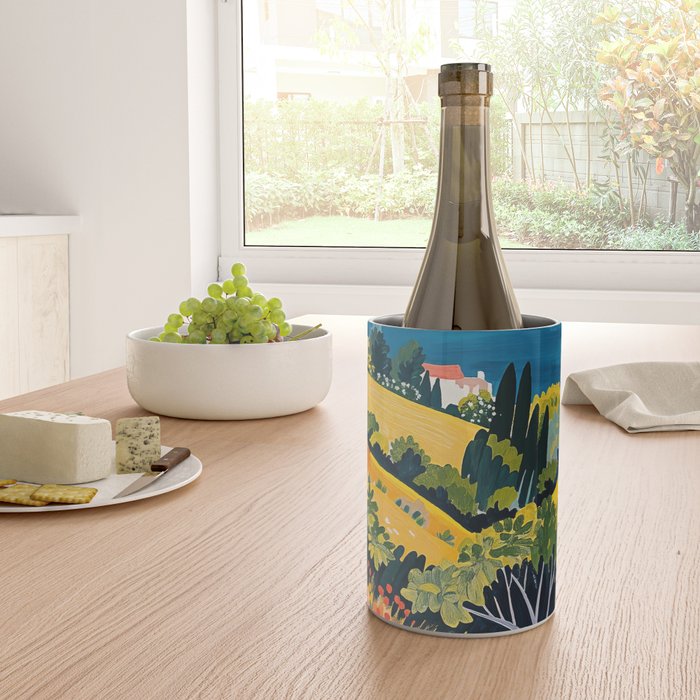 Vibrant Mediterranean Coast Painting in Matisse Style with Blooming Flowers and Blue Waters Wine Chiller Gallery Image 4