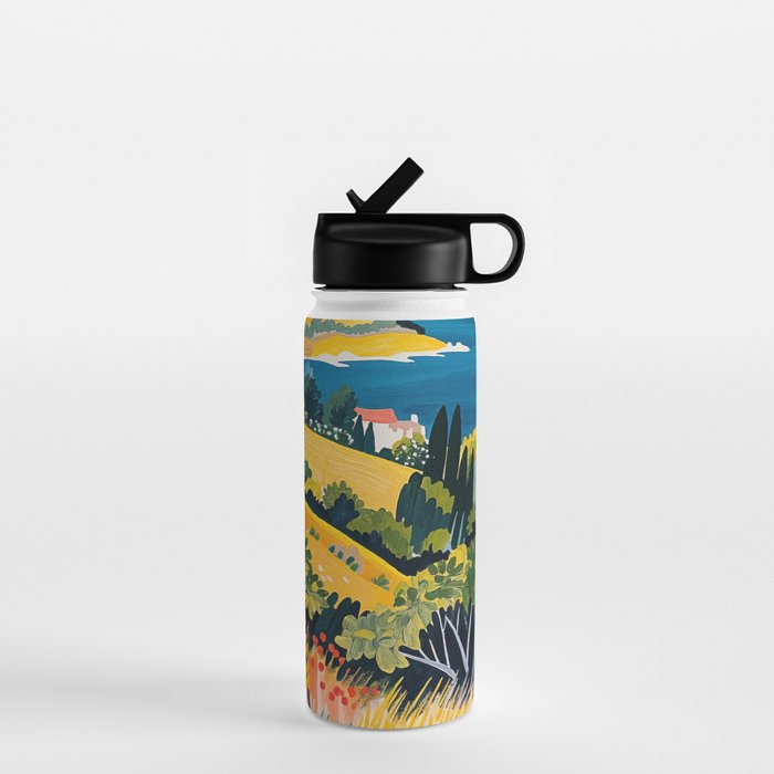 Vibrant Mediterranean Coast Painting in Matisse Style with Blooming Flowers and Blue Waters Water Bottle Gallery Image 1