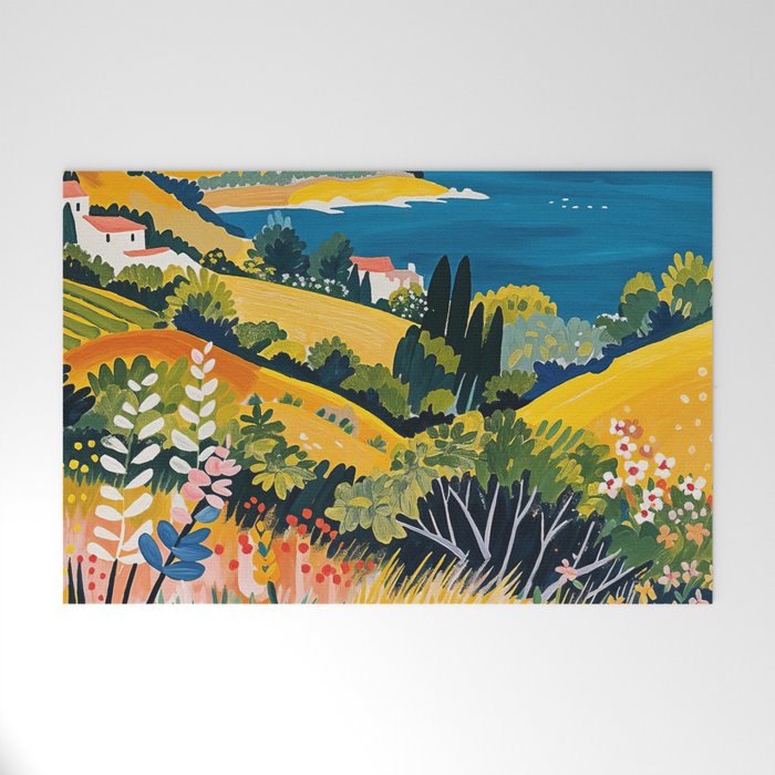 Vibrant Mediterranean Coast Painting in Matisse Style with Blooming Flowers and Blue Waters Welcome Mat Gallery Image 1