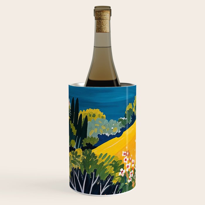 Vibrant Mediterranean Coast Painting in Matisse Style with Blooming Flowers and Blue Waters Wine Chiller Gallery Image 3