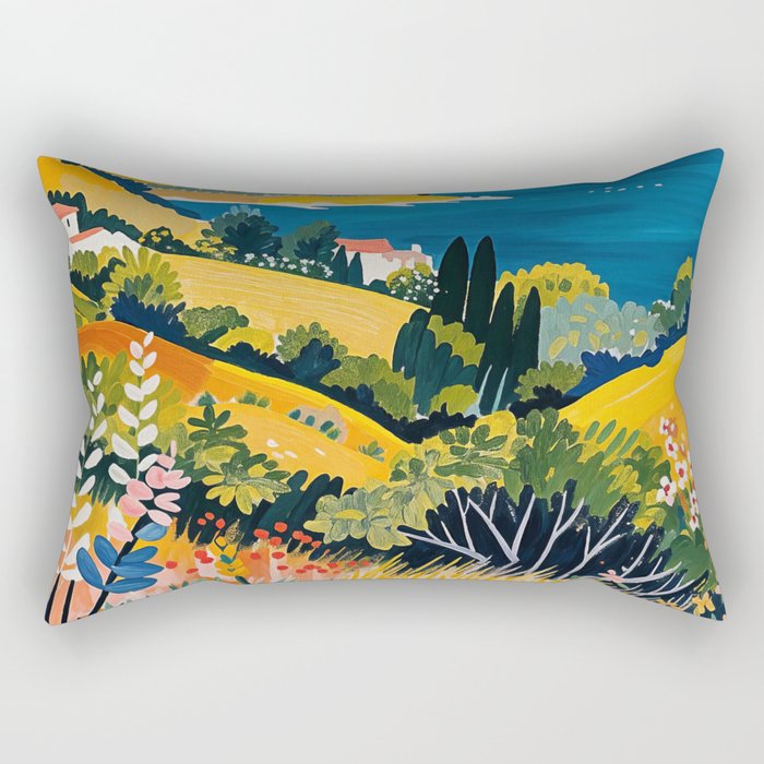 Vibrant Mediterranean Coast Painting in Matisse Style with Blooming Flowers and Blue Waters Rectangular Pillow Gallery Image 2
