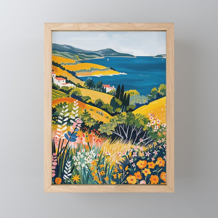 Vibrant Mediterranean Coast Painting in Matisse Style with Blooming Flowers and Blue Waters Mini Art Print Gallery Image 1