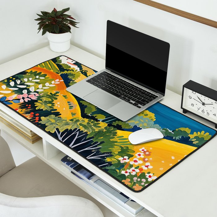 Vibrant Mediterranean Coast Painting in Matisse Style with Blooming Flowers and Blue Waters Desk Mat Gallery Image 2