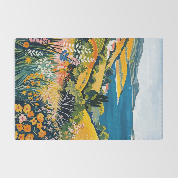 Vibrant Mediterranean Coast Painting in Matisse Style with Blooming Flowers and Blue Waters Rug Gallery Image 2