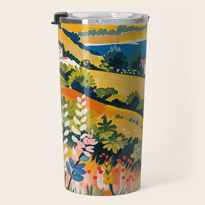 Vibrant Mediterranean Coast Painting in Matisse Style with Blooming Flowers and Blue Waters Travel Mug Gallery Image 3