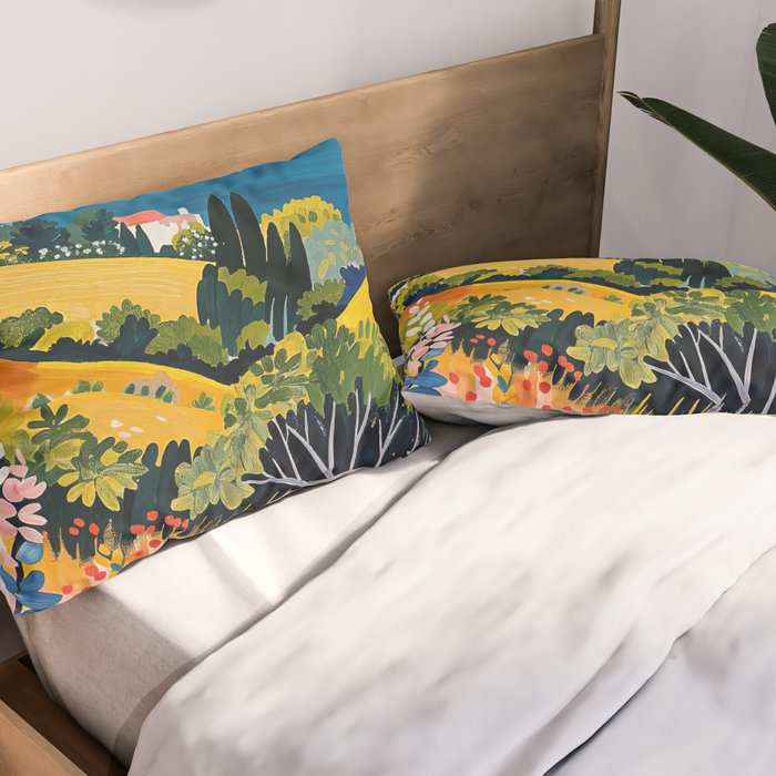 Vibrant Mediterranean Coast Painting in Matisse Style with Blooming Flowers and Blue Waters Pillow Sham Gallery Image 2