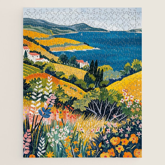 Vibrant Mediterranean Coast Painting in Matisse Style with Blooming Flowers and Blue Waters Jigsaw Puzzle Gallery Image 1