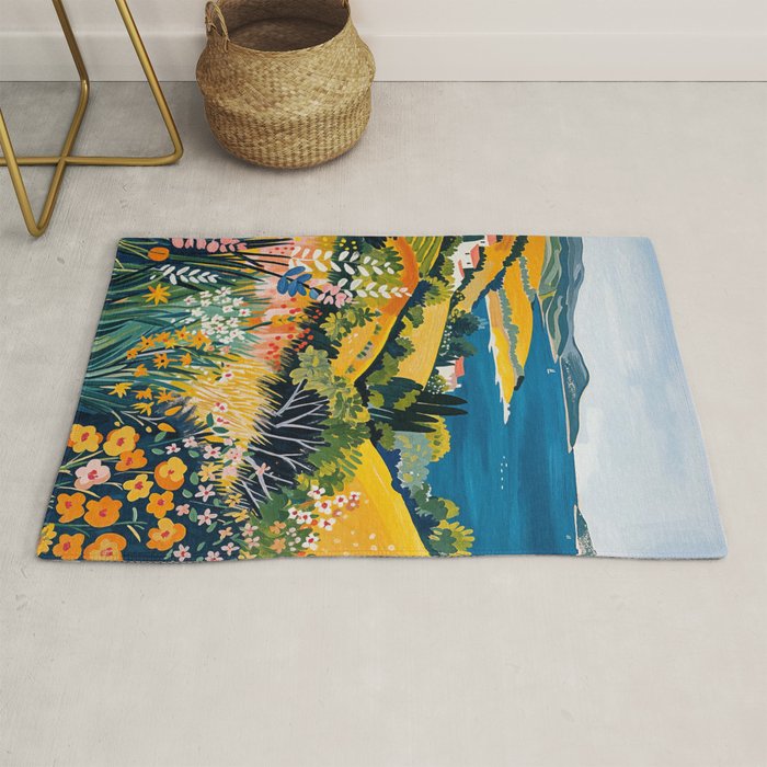 Vibrant Mediterranean Coast Painting in Matisse Style with Blooming Flowers and Blue Waters Rug Gallery Image 1