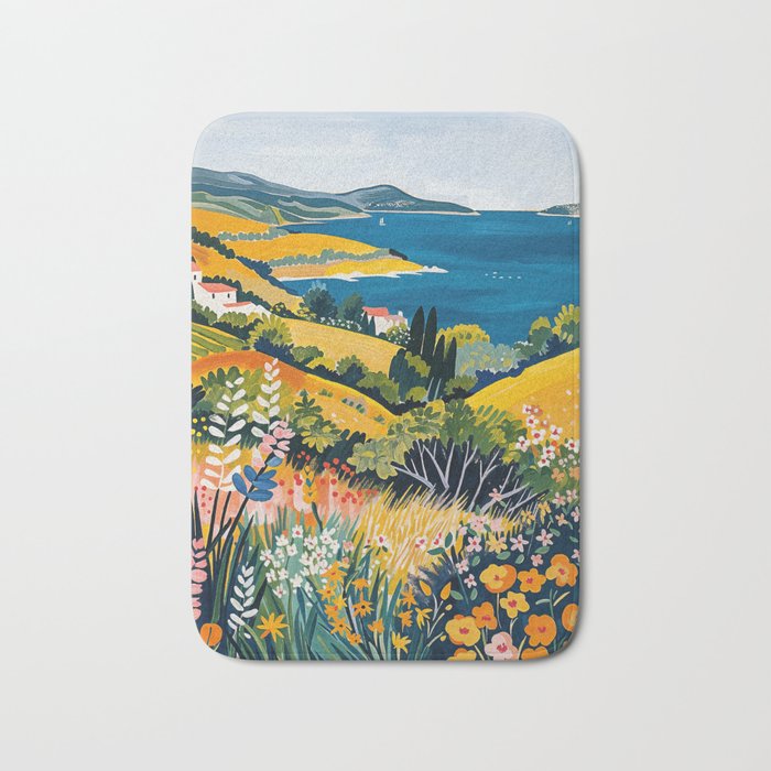 Vibrant Mediterranean Coast Painting in Matisse Style with Blooming Flowers and Blue Waters Bath Mat Gallery Image 1