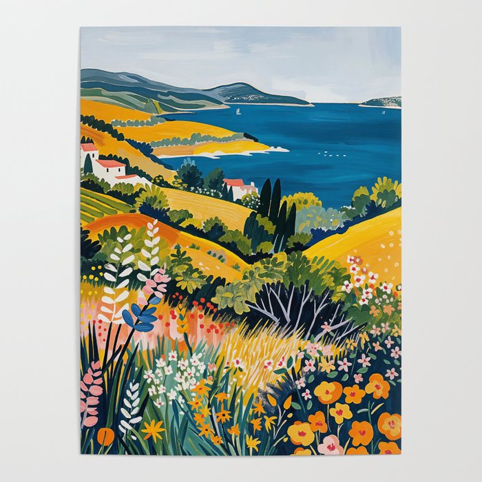 Vibrant Mediterranean Coast Painting in Matisse Style with Blooming Flowers and Blue Waters Poster Gallery Image 4