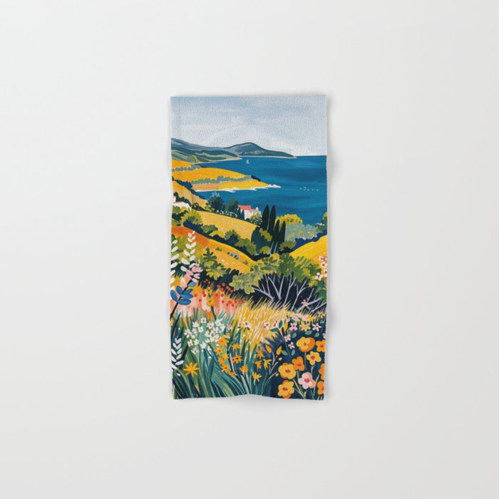 Vibrant Mediterranean Coast Painting in Matisse Style with Blooming Flowers and Blue Waters Bath Towel Gallery Image 1