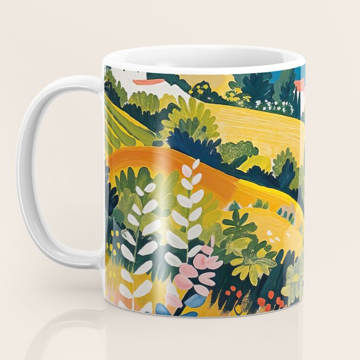 Vibrant Mediterranean Coast Painting in Matisse Style with Blooming Flowers and Blue Waters Coffee Mug Gallery Image 3