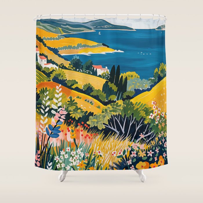 Vibrant Mediterranean Coast Painting in Matisse Style with Blooming Flowers and Blue Waters Shower Curtain Gallery Image 1
